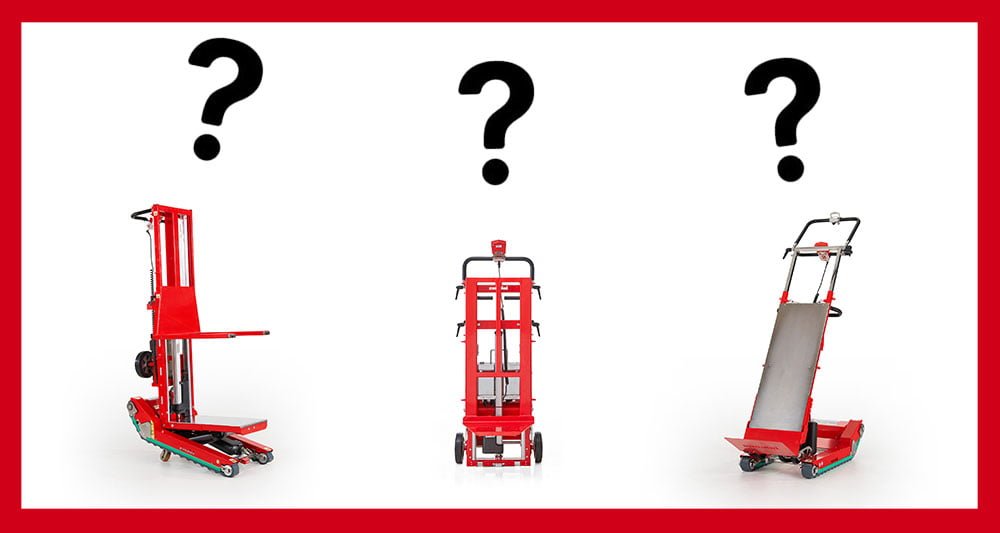 3 stair climbing sack trucks with a question mark