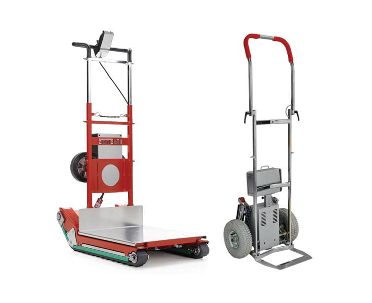 Two electric stair climbing dollies: a tracked hand cart and a stair climbing dolly with wheels